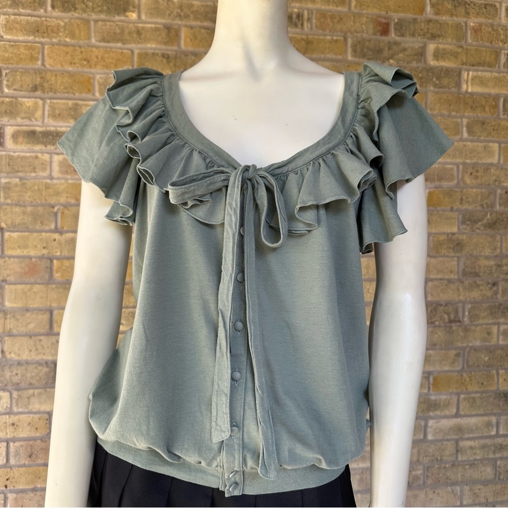 Sage green ruffle blouse coquette cottagecore top Ralph Lauren Sport